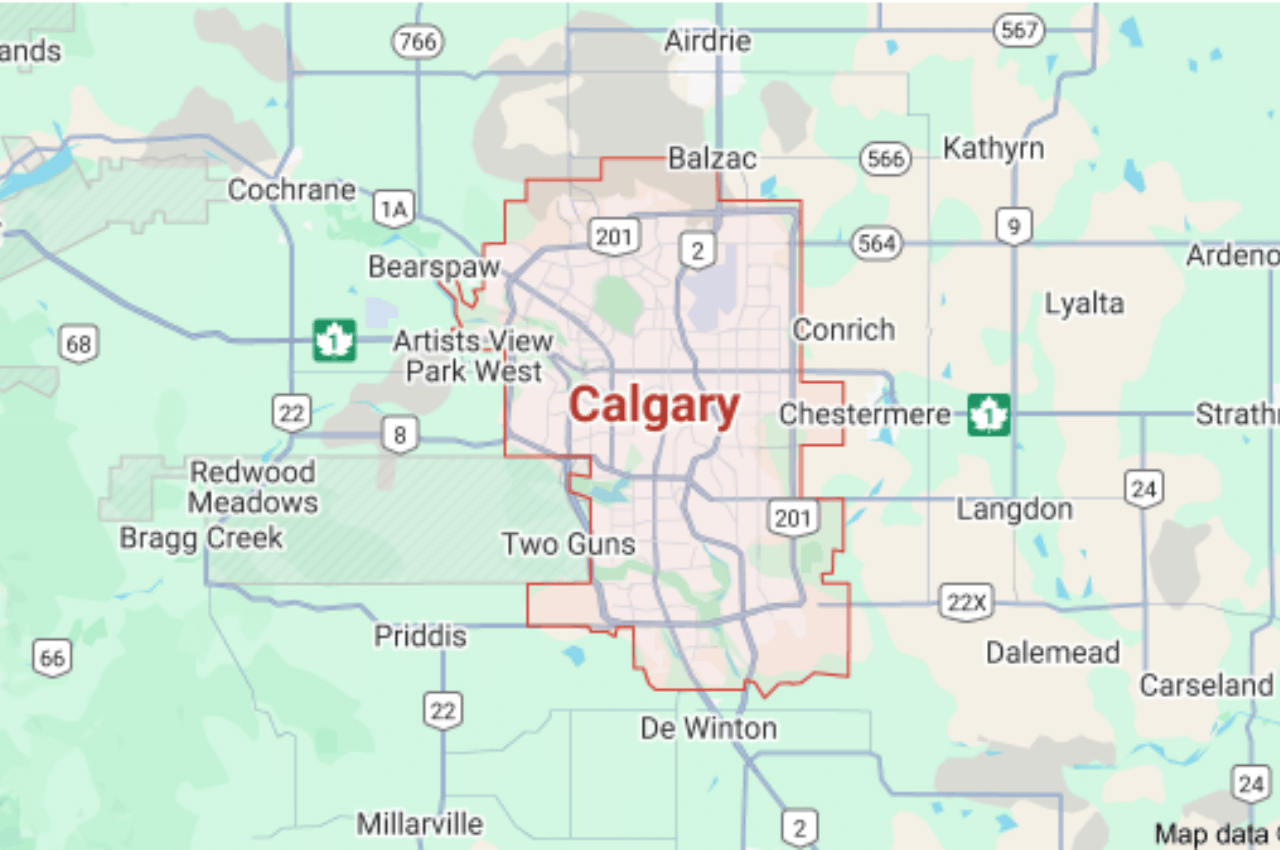 A map highlighting Calgary and its surrounding service areas, with major roads, highways, and nearby towns clearly labeled.