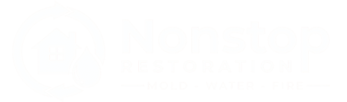 Logo for Nonstop Restoration featuring a house, water droplet, and circular arrows, with text reading "Nonstop Restoration - Mold - Water - Fire.