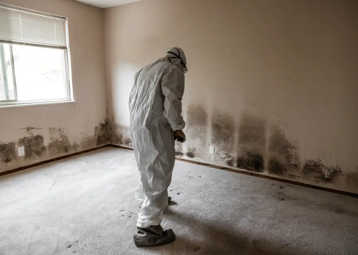 A person in protective gear stands in a room with mold growing along the lower part of the walls near a window, highlighting the importance of choosing a professional mold removal company for safe and effective cleanup.
