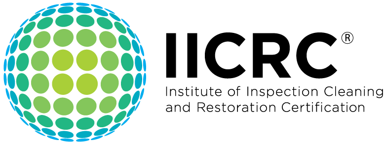 IICRC logo featuring a globe composed of green and blue dots to the left of the text "IICRC Institute of Inspection Cleaning and Restoration Certification," highlighting training and certificates in restoration.
