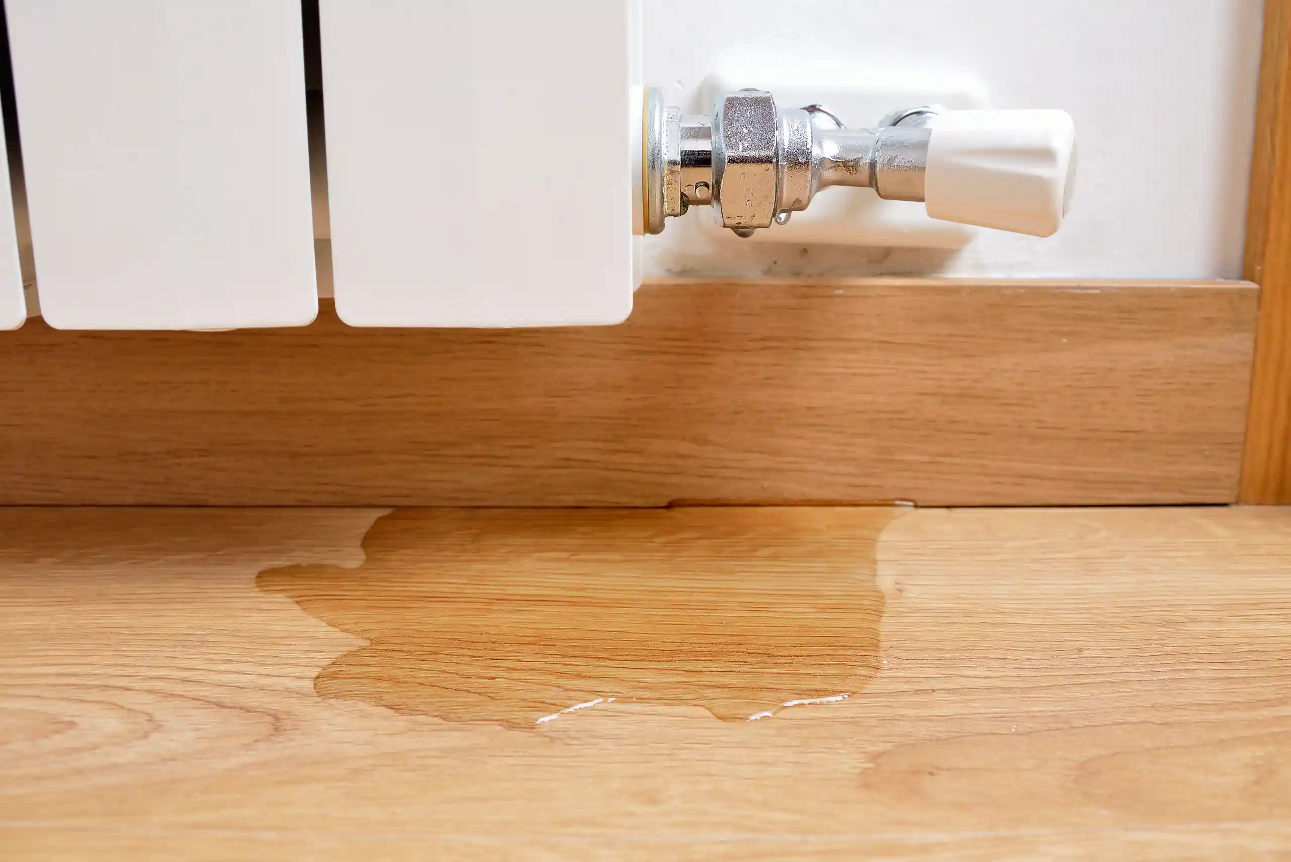 A puddle of water is on a wooden floor below a radiator valve, indicating a possible leak from the radiator—this could be an early sign of a pipe burst. If you’re concerned about potential water damage or suspect a pipe burst in Calgary, it’s best to contact Calgary plumbing experts promptly.