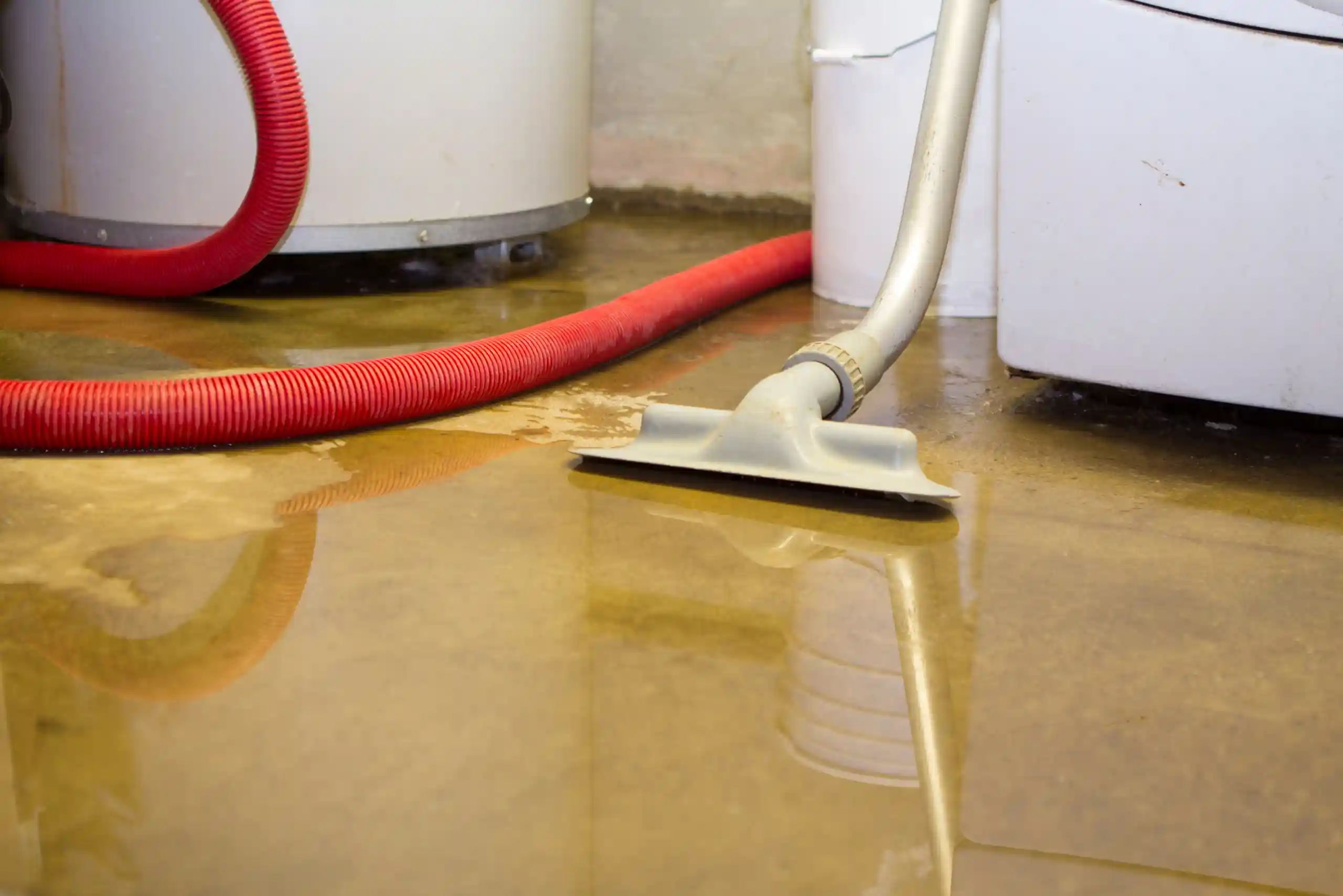 A vacuum is being used to remove water from a flooded basement floor near appliances and a red hose following a pipe burst emergency.