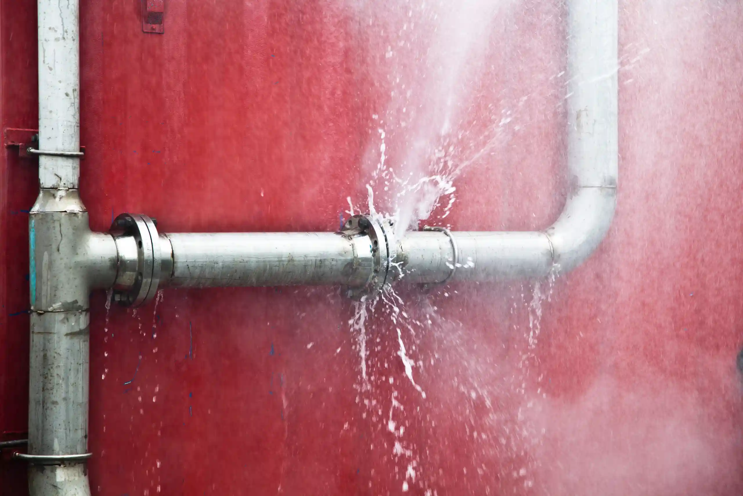 Water sprays from a burst pipe against a red wall, showing significant leakage at a joint in the metal piping—an urgent reminder of how quickly a Pipe Burst Emergency can occur and the importance of prompt Calgary Plumbing solutions.