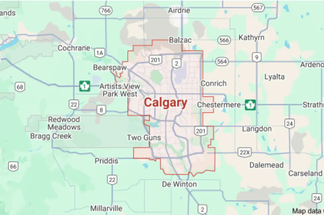 Map showing Calgary and its surrounding areas, including Bearspaw, Chestermere, Cochrane, Priddis, and major highways such as 1, 201, and 22.