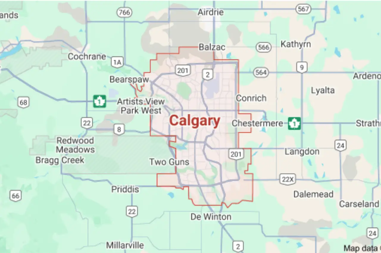Map showing Calgary and surrounding Service Areas, including Cochrane, Balzac, Artists View Park West, Chestermere, Two Guns, Priddis, and major highways such as 201 and 566.