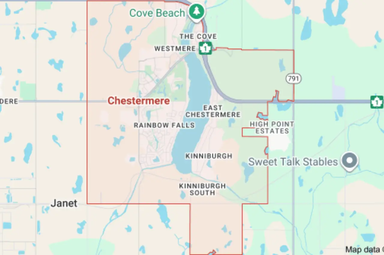 Map showing the Chestermere area and its Service Areas, including neighborhoods like Rainbow Falls, East Chestermere, Kinniburgh, and landmarks such as Cove Beach and Sweet Talk Stables.