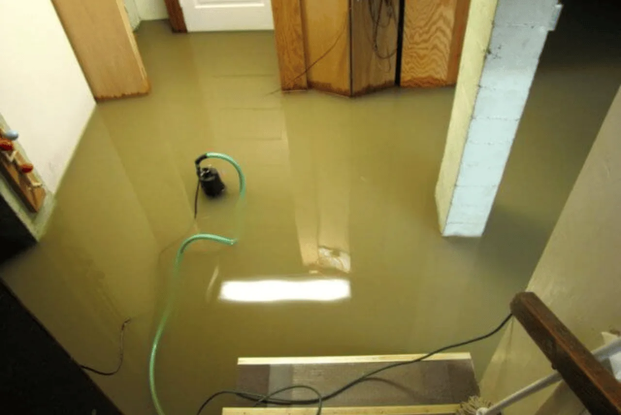 Flooded basement with murky water, submerged floor, a hose and pump visible, and water reaching the base of doors and walls—signs that a sewer backup may require urgent sewer cleaning to prevent further damage.