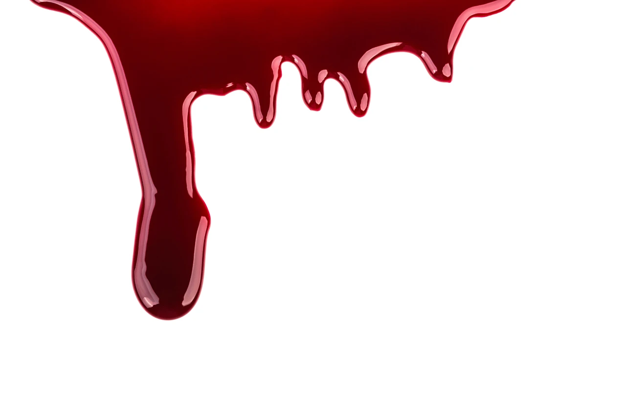 Red liquid resembling blood drips down from the top edge against a white background, evoking imagery often associated with trauma cleanup.