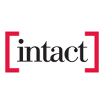 The word "intact" in black lowercase letters is flanked by two red square brackets on a white background, reflecting the clean and modern branding often seen with a leading Calgary Restoration Company.